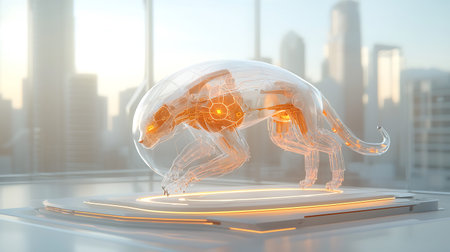 Digital illustration of an abstract, futuristic creature with glowing elements. 3D rendering.