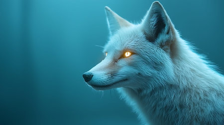 Close-up of a white fox with a glowing eye. Blue background.