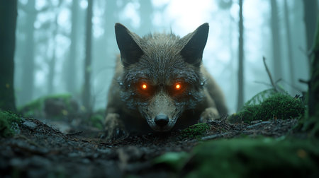 Red fox in the dark forest. 3D illustration. Fantasy.