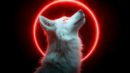 Portrait of a white wolf in a red circle on a black background