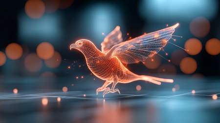 3d rendering of a flying bird made of polygonal wireframeの写真素材