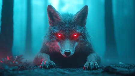 Dead wolf in the dark forest with red eyes. Halloween concept.