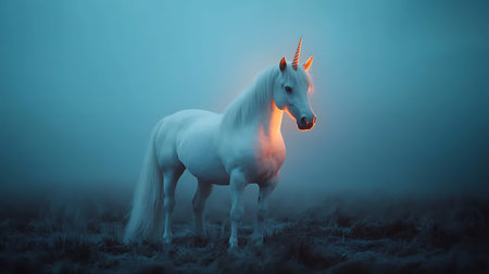White unicorn with long mane on foggy field at night.