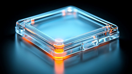 3d rendering of transparent cube with light reflection on black background.