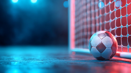 Soccer ball on the goal. 3D illustration. Selective focus.の写真素材