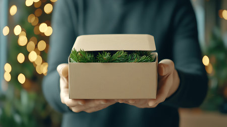 Man holding gift box with fir branches on blurred background, closeup