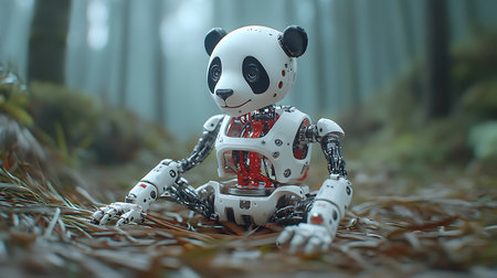 3D rendering of a robot sitting in the forestの写真素材