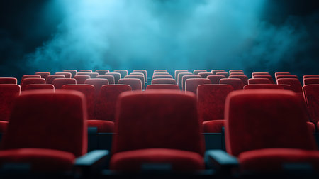 Empty cinema auditorium with red seats and smoke. 3D Renderingの写真素材