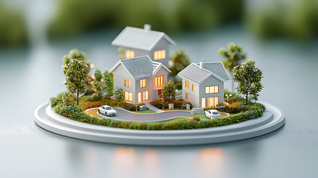 Real estate concept. 3D illustration of a small town with a beautiful landscape.の写真素材