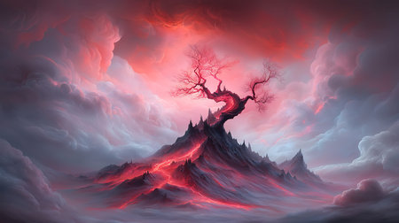 Fantasy landscape with a tree on the top of the mountain.