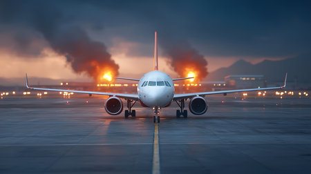 Airplane in the airport at night with smoke and fire. 3d renderingの写真素材