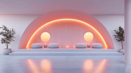 Interior of modern office with white and pink walls, concrete floor and rows of white round tables with lamps. 3d renderingの写真素材