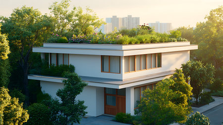 Modern house in the city park. View from the top of the building.