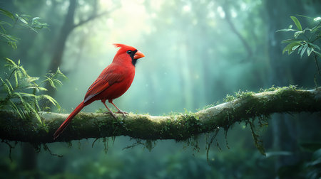 Red cardinal bird perched on a branch in a tropical rainforest.の写真素材