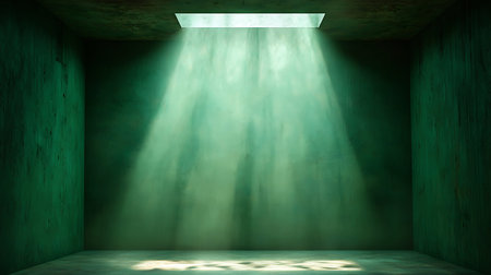 Green stage background with spotlights and spotlights. 3d renderの写真素材