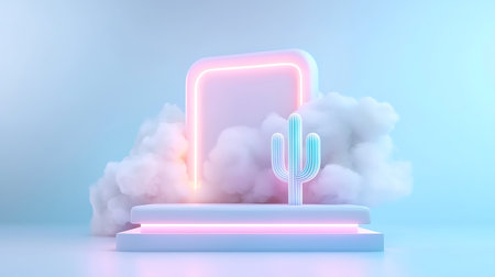 3d render, abstract background, podium with cactus, neon lightの写真素材