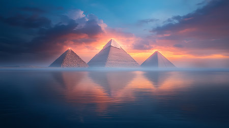 Egyptian pyramids reflected in the water at sunset. 3d renderingの写真素材