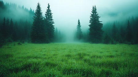 Foggy landscape with coniferous forest in the background.の写真素材