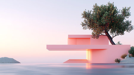 3d render of abstract podium with olive tree in the background.の写真素材