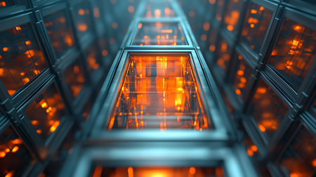 Futuristic server room with glowing lights. 3d rendering.