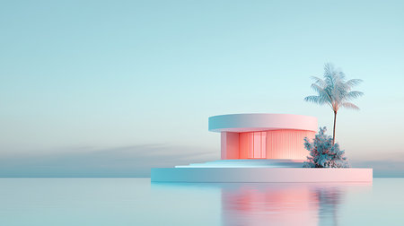 3d rendering of abstract minimal scene with podium and palm tree.の写真素材