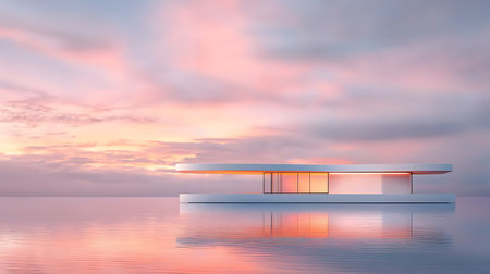 3d render of podium on the water surface with sunset sky backgroundの写真素材