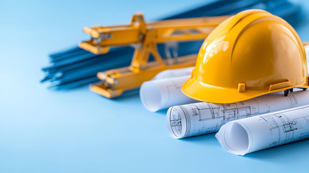 Yellow hard hat with rolls of blueprints and construction equipment on blue background