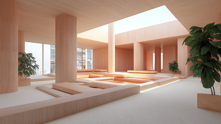 Interior of a modern yoga room with wooden walls and wooden floor