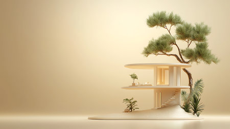 3d rendering of a small house on a pedestal with a beautiful treeの写真素材