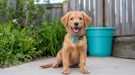 Cute Golden Retriever puppy sitting in the garden with blue bucketの写真素材