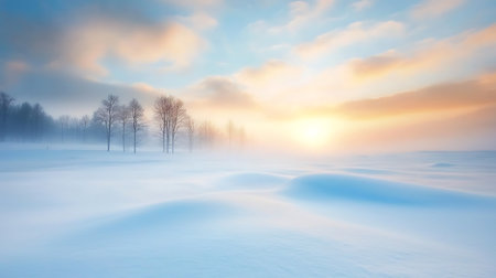 Foggy winter landscape with trees in the foreground at sunrise.