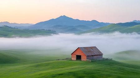 Foggy morning in the mountains. Beautiful landscape with a wooden house in the fog.の写真素材