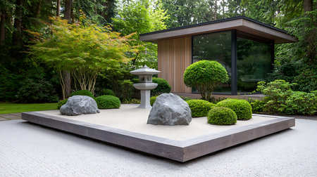 Modern garden with a wooden floor and a round stone lantern in the middle