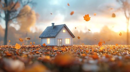 Little house in the autumn forest with fallen leaves. 3d renderingの写真素材