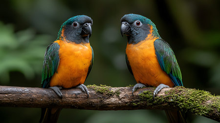 Portrait of two macaws on a branch in the rainforest