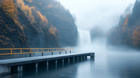 Beautiful autumn landscape with a waterfall on the river in the fog
