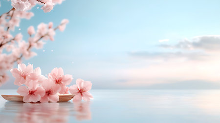 cherry blossom sakura flower on blue sky background with copy spaceの写真素材