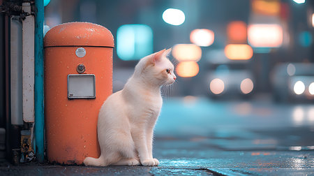Cute white cat sitting on the street in the city at night
