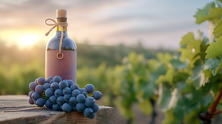 Bottle of red wine with bunch of grapes in vineyard at sunsetの写真素材