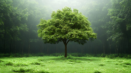 Green tree in the forest with foggy background, 3d render