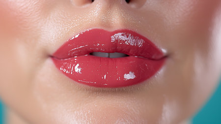 Close up of female lips with red lipstick. Makeup and cosmetics conceptの写真素材