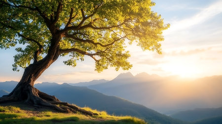 Beautiful summer landscape with big tree in the mountains at sunset.の写真素材