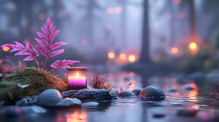 Candle in the forest at night. 3D Rendering.の写真素材