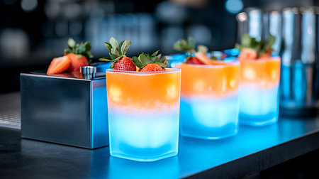 Colorful cocktails with strawberries on the bar counter, close-upの写真素材