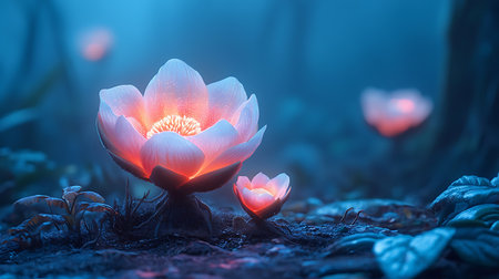 Beautiful lotus flower blooming in the forest at night.の写真素材