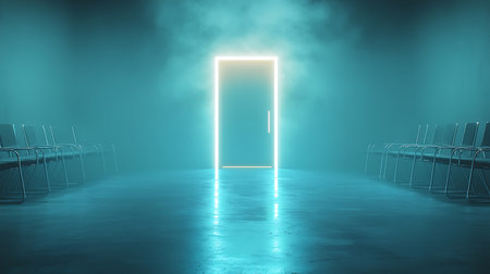 Door in the dark with lights and smoke. 3D renderingの写真素材