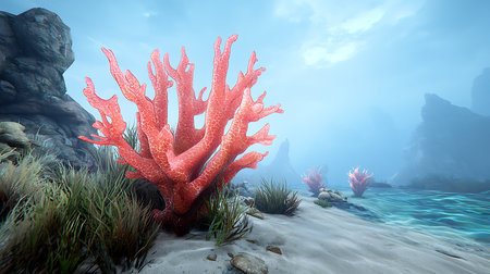 Underwater scene with red coral. 3d renderの写真素材