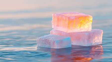 Ice cubes on the water surface in the sunset light. Abstract background.の写真素材