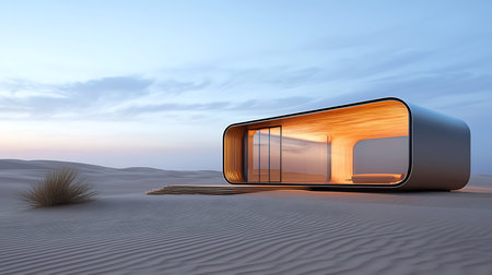 3D render of a futuristic building in the desert at sunset.の写真素材