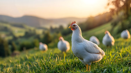 White chicken on a green meadow in the sunset light. Rural landscapeの写真素材